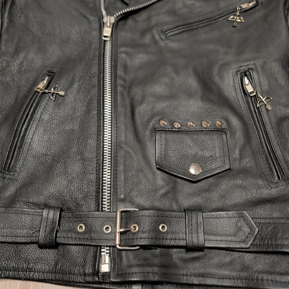 Reclaimed Vintage Studded Leather Biker Jacket Womens L Black Star Crossed Moto - Picture 7 of 11